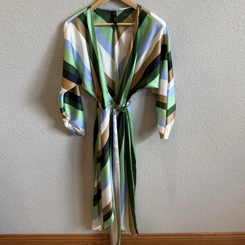 MNG Mango Striped Satin Wrap Dress Asymmetric Hem Wedding Guest Party Womens 4
